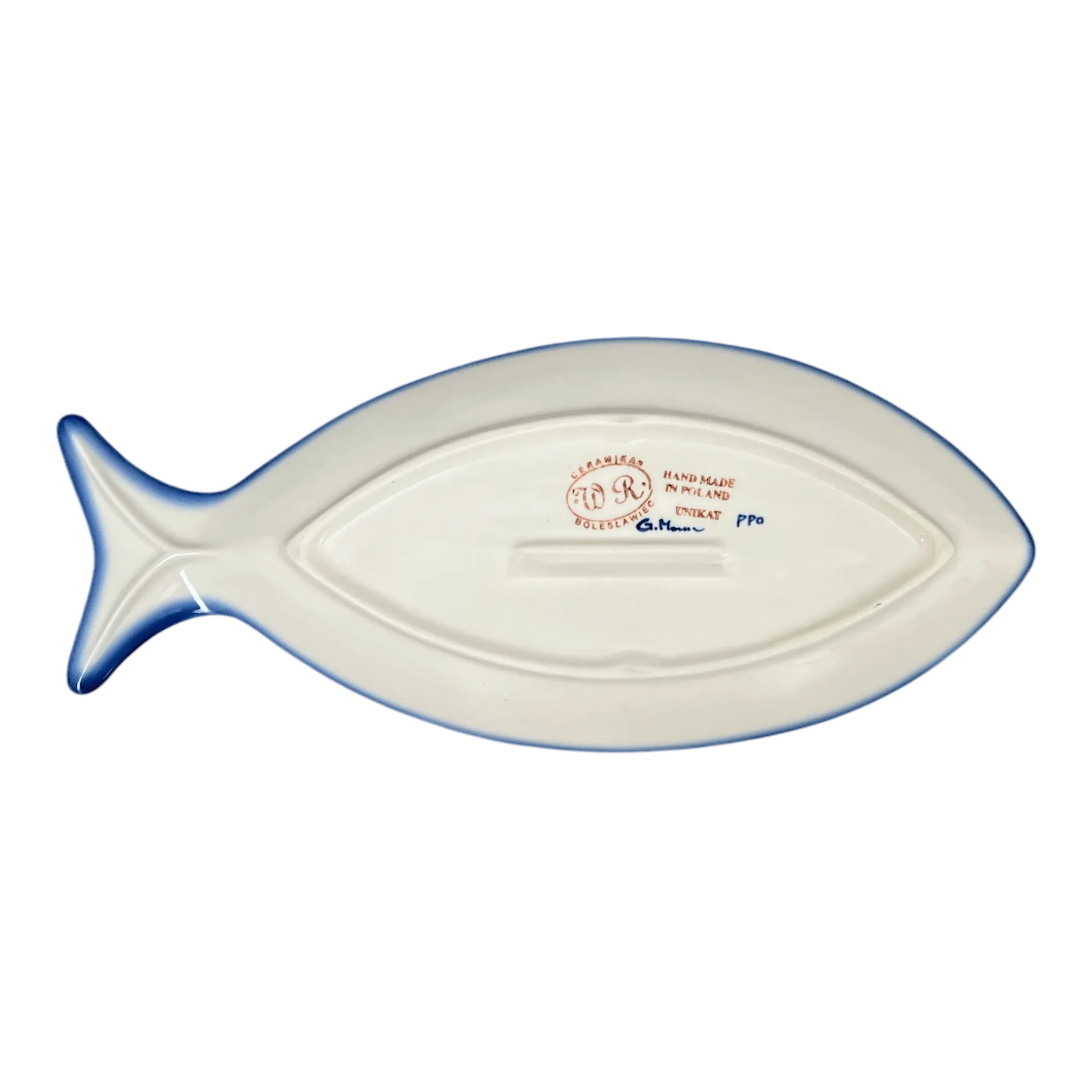 Plate, Fish-Shaped, 14.5" x 6.5", WR (WR13O) in "Cobalt Blossoms" by W.R. Ceramika | WR13O-AB5