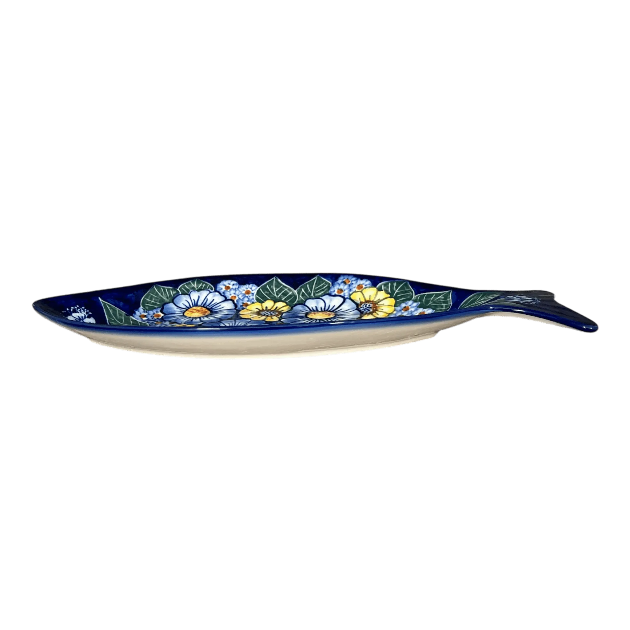 Plate, Fish-Shaped, 14.5" x 6.5", WR (WR13O) in "Cobalt Blossoms" by W.R. Ceramika | WR13O-AB5