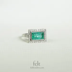 Platinum, Diamond and Emerald Rectangular Antique Ring.
