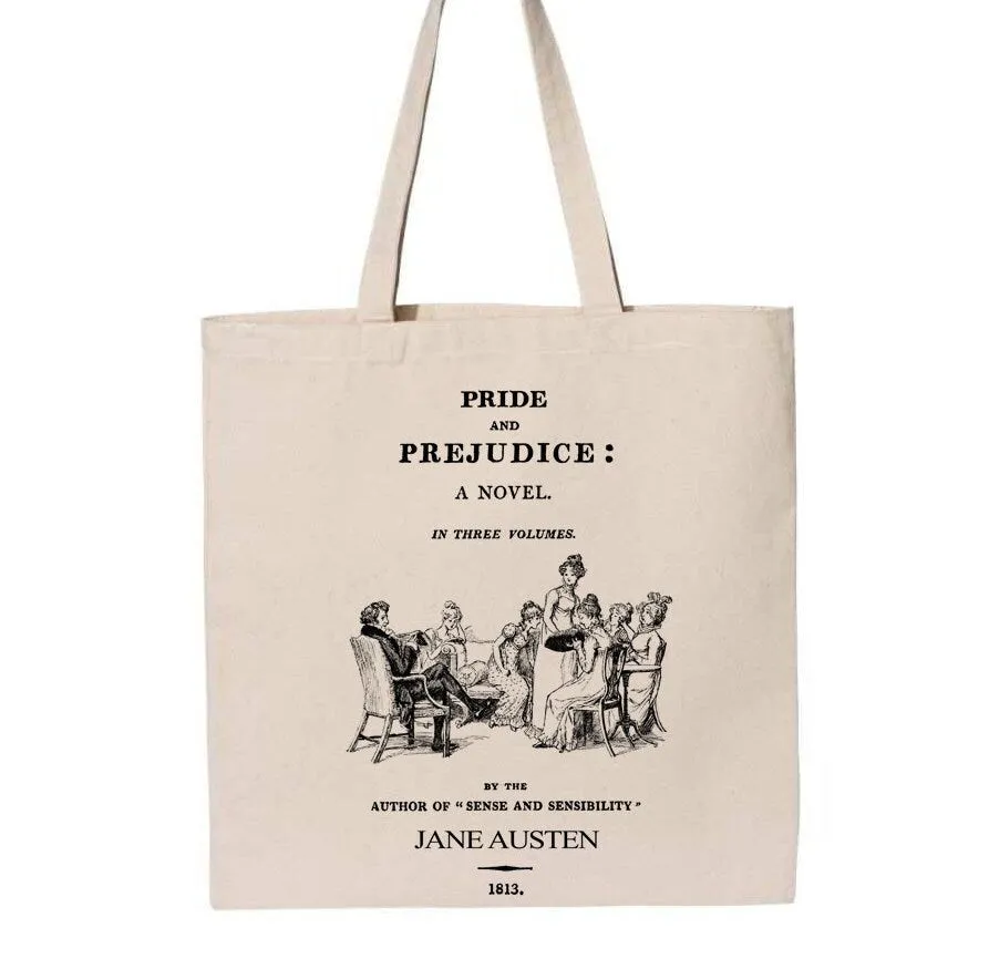 Pride and Prejudice by Jane Austen tote bag. Handbag with Pride and Prejudice book design. Book Bag. Library bag. Jane Austen Gift