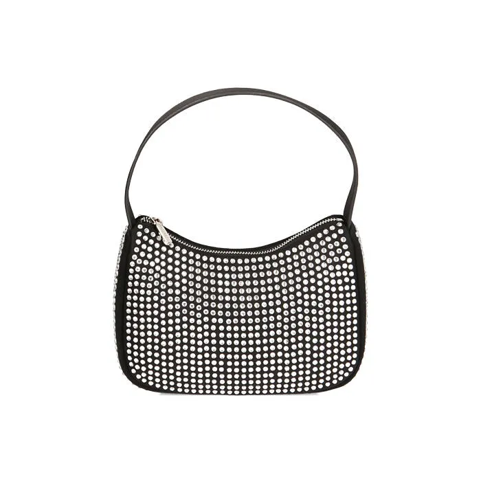 PRIMADONNA HOBO BAG IN BLACK WITH SILVER RHINESTINES