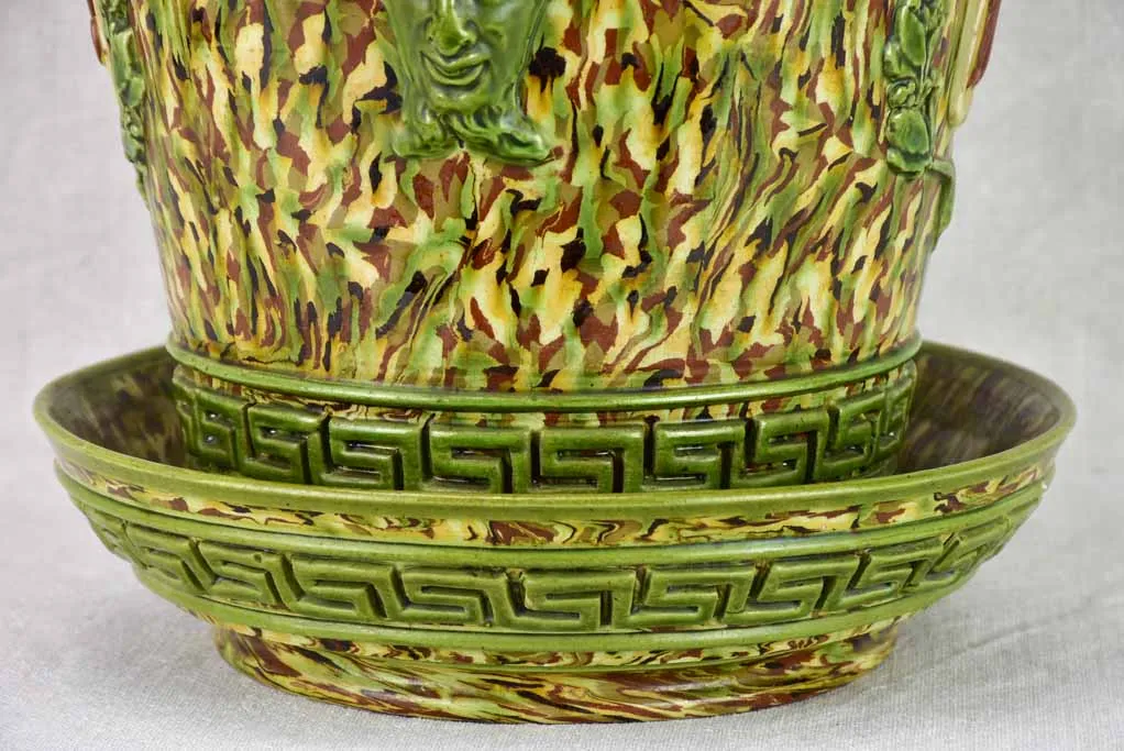 Rare cachepot from Uzes with LM monogram - marbleized green faience