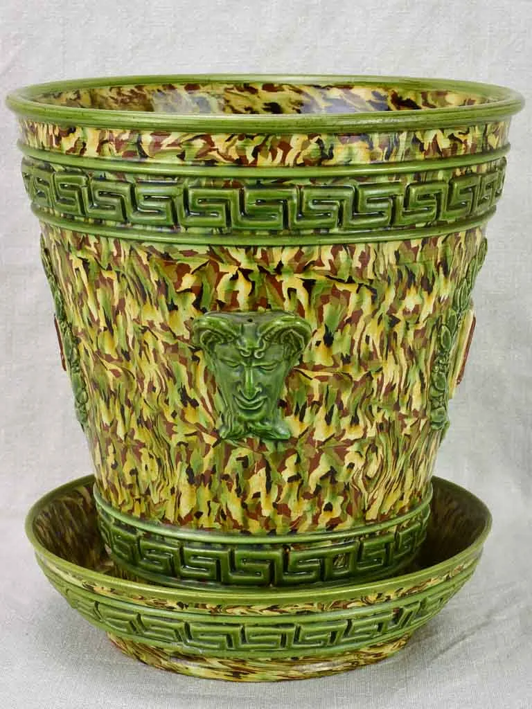 Rare cachepot from Uzes with LM monogram - marbleized green faience