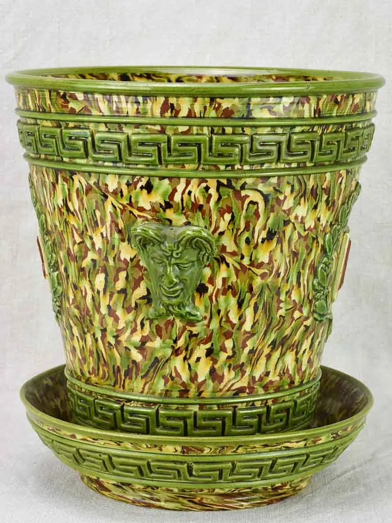 Rare cachepot from Uzes with LM monogram - marbleized green faience