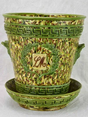 Rare cachepot from Uzes with LM monogram - marbleized green faience