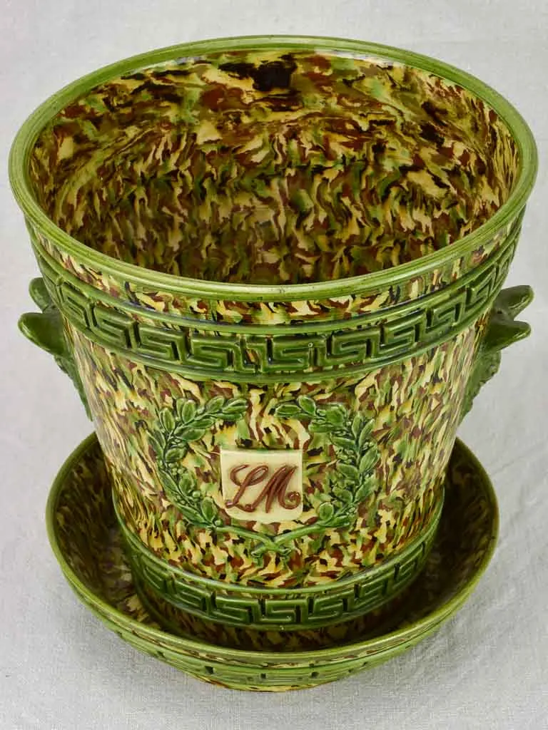 Rare cachepot from Uzes with LM monogram - marbleized green faience