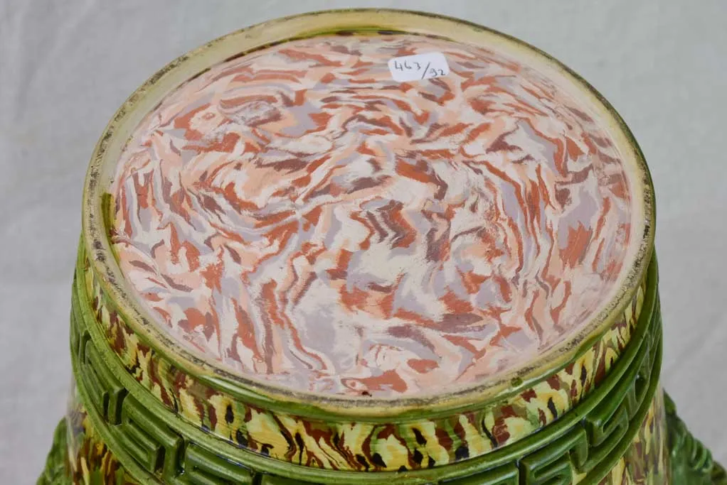 Rare cachepot from Uzes with LM monogram - marbleized green faience