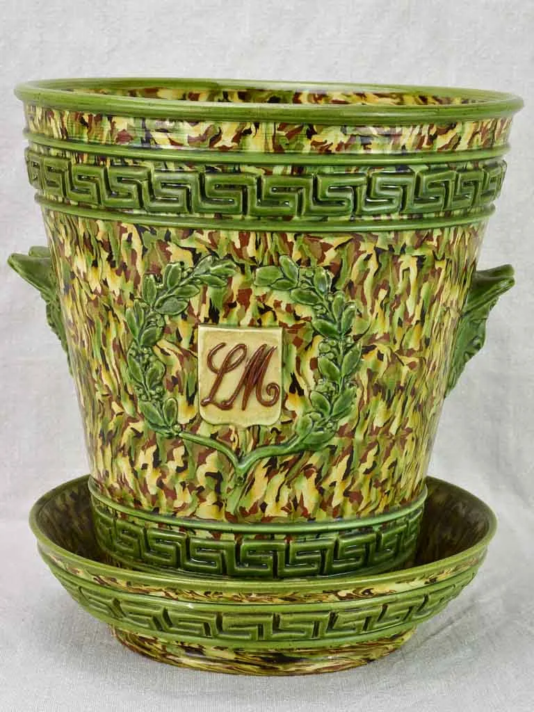 Rare cachepot from Uzes with LM monogram - marbleized green faience