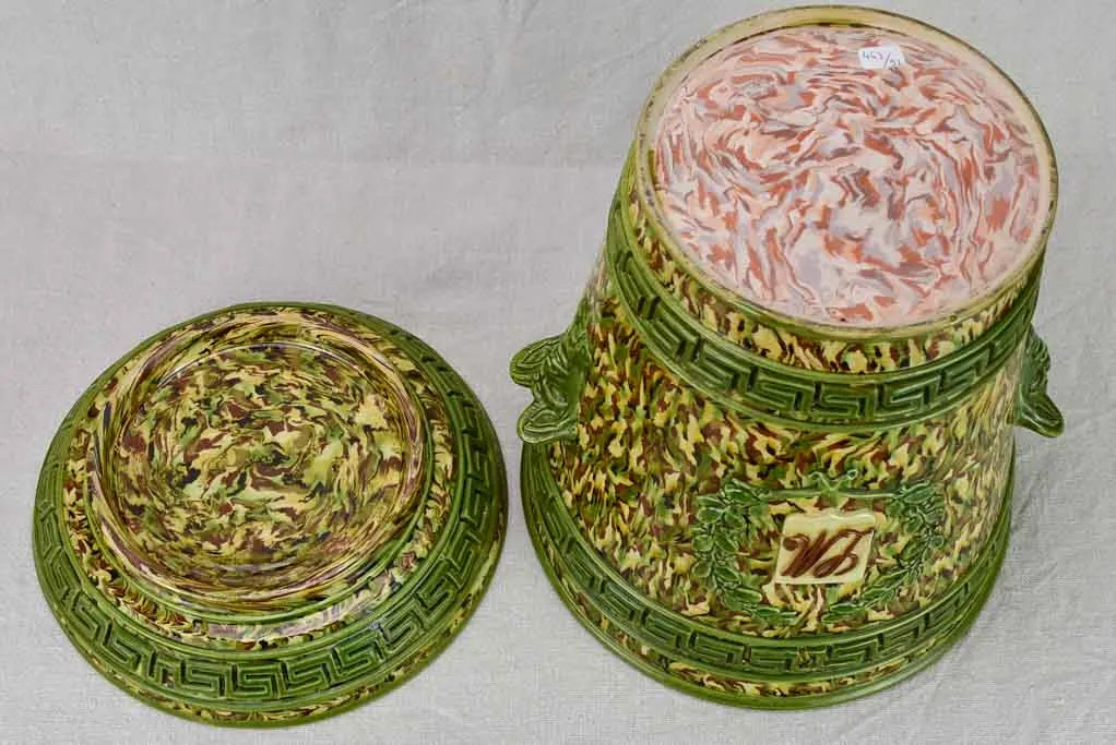 Rare cachepot from Uzes with LM monogram - marbleized green faience