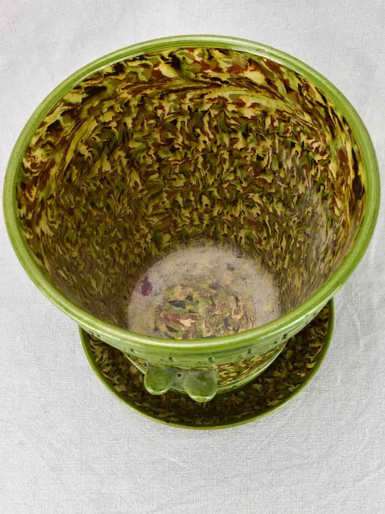 Rare cachepot from Uzes with LM monogram - marbleized green faience