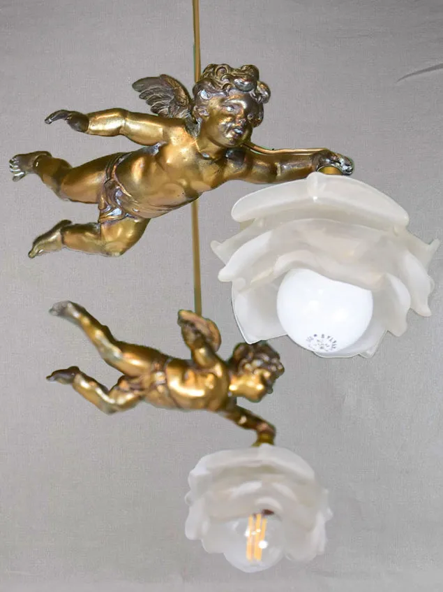 Rare pair of angel lights with opaque flowers 9"