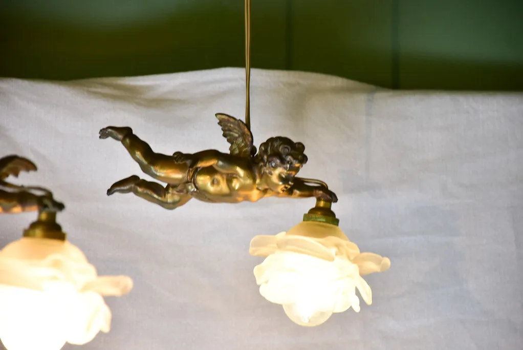 Rare pair of angel lights with opaque flowers 9"
