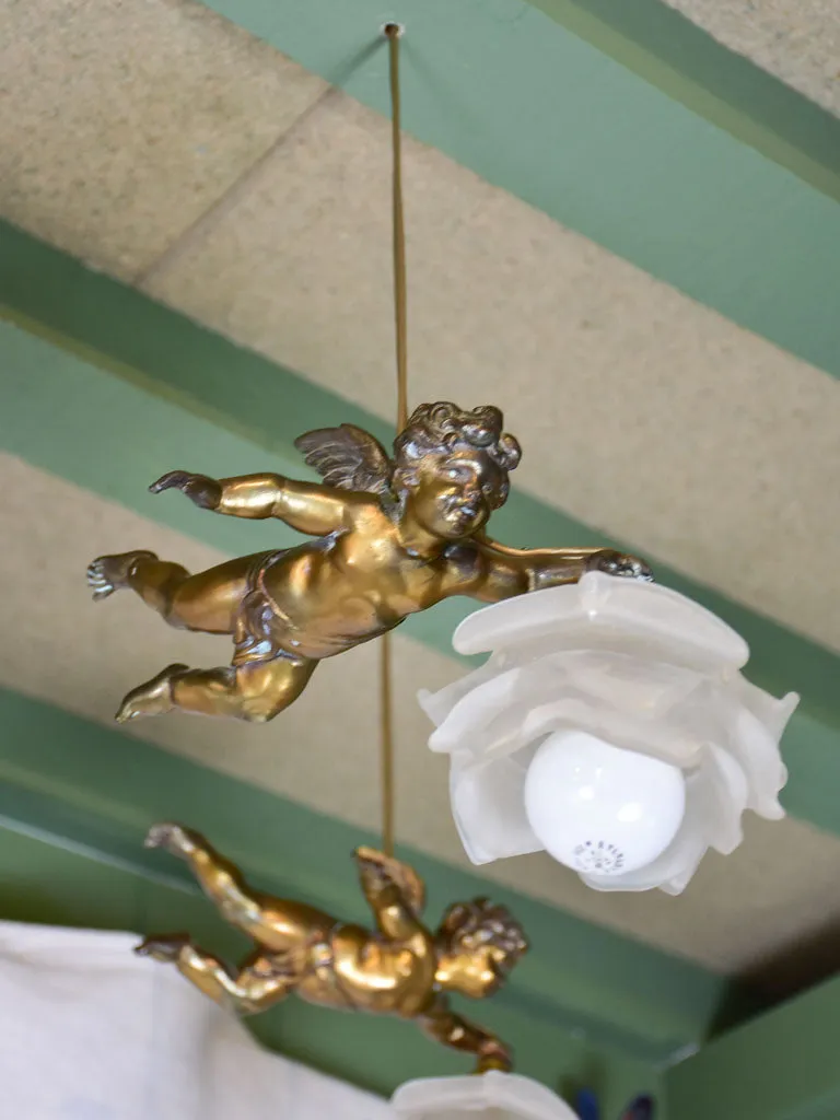 Rare pair of angel lights with opaque flowers 9"
