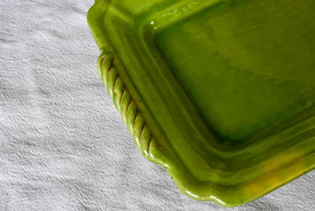 Rectangular Biot platter with green glaze and twisted handles - 1940's 15" x 9½"