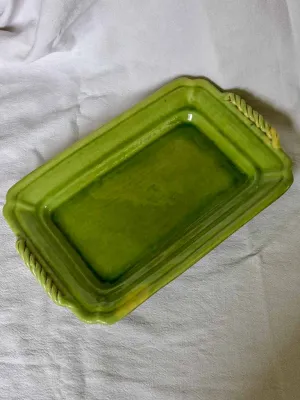 Rectangular Biot platter with green glaze and twisted handles - 1940's 15" x 9½"