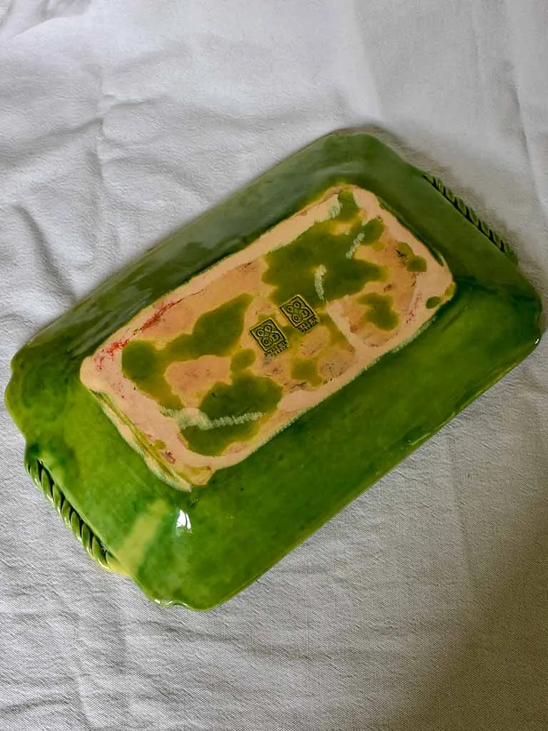Rectangular Biot platter with green glaze and twisted handles - 1940's 15" x 9½"