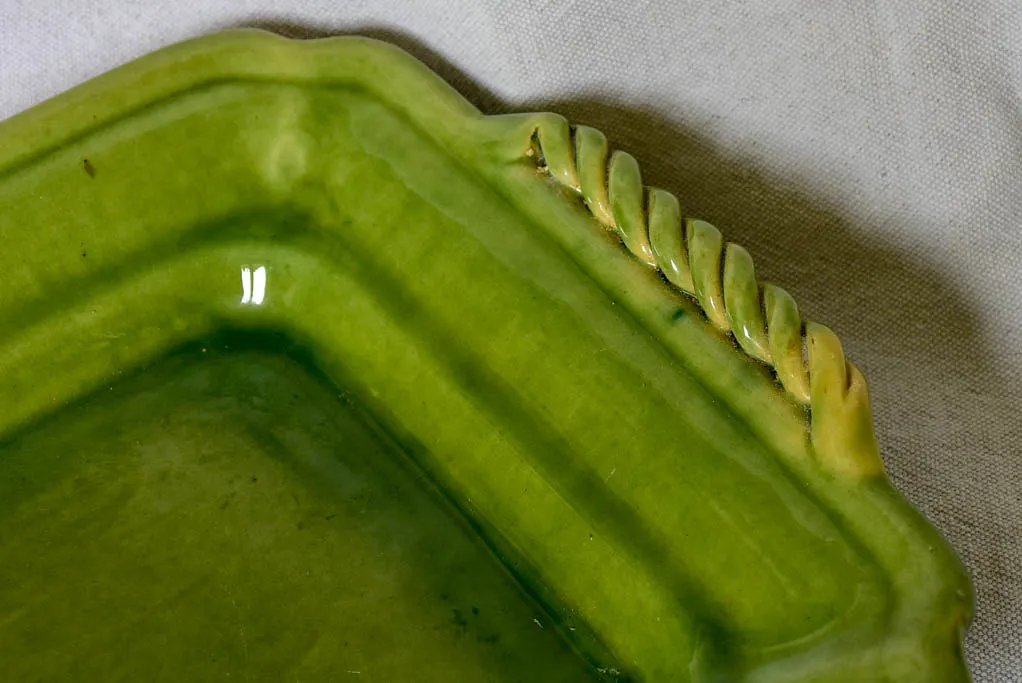 Rectangular Biot platter with green glaze and twisted handles - 1940's 15" x 9½"