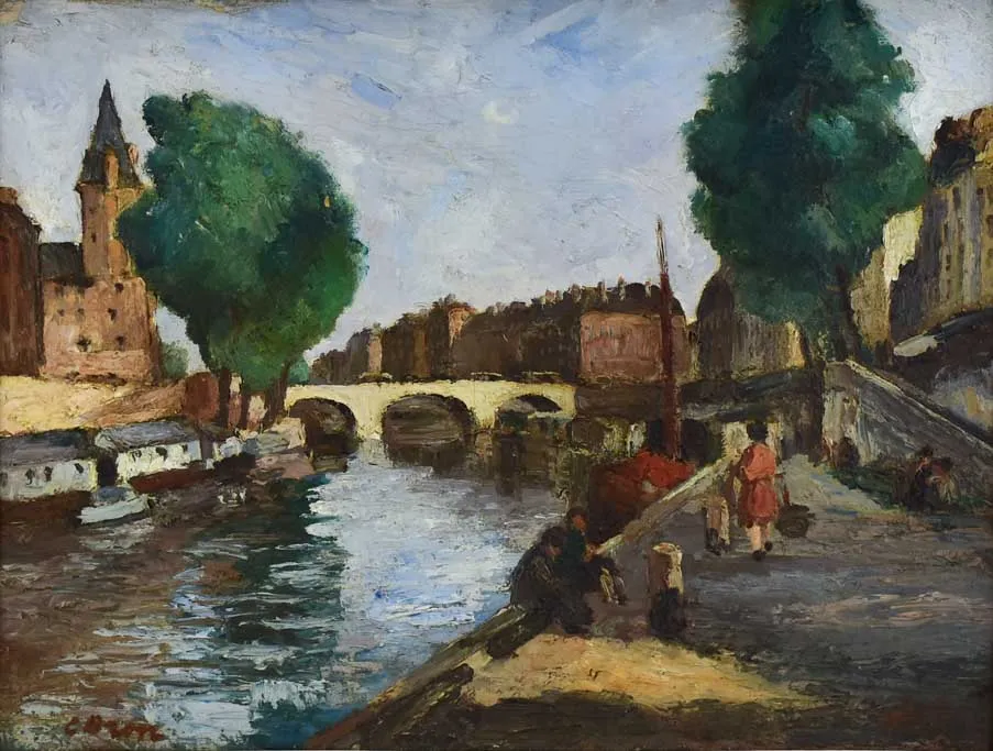 River in Paris by César Bron (1895 - ?) - oil on canvas 1929 - 26¾" x 32¼"