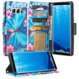 Samsung Galaxy Note 8 Case, Galaxy Note 8 Wallet Case, Slim Flip Folio [Kickstand] Pu Leather Wallet Case with ID & Card Slots & Pocket   Wrist Strap - Blue Butterfly