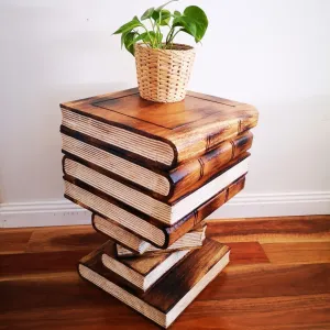 Side Table, Book Stack Theme corner Stool, Plant Stand Raintree Wood with storage compartment