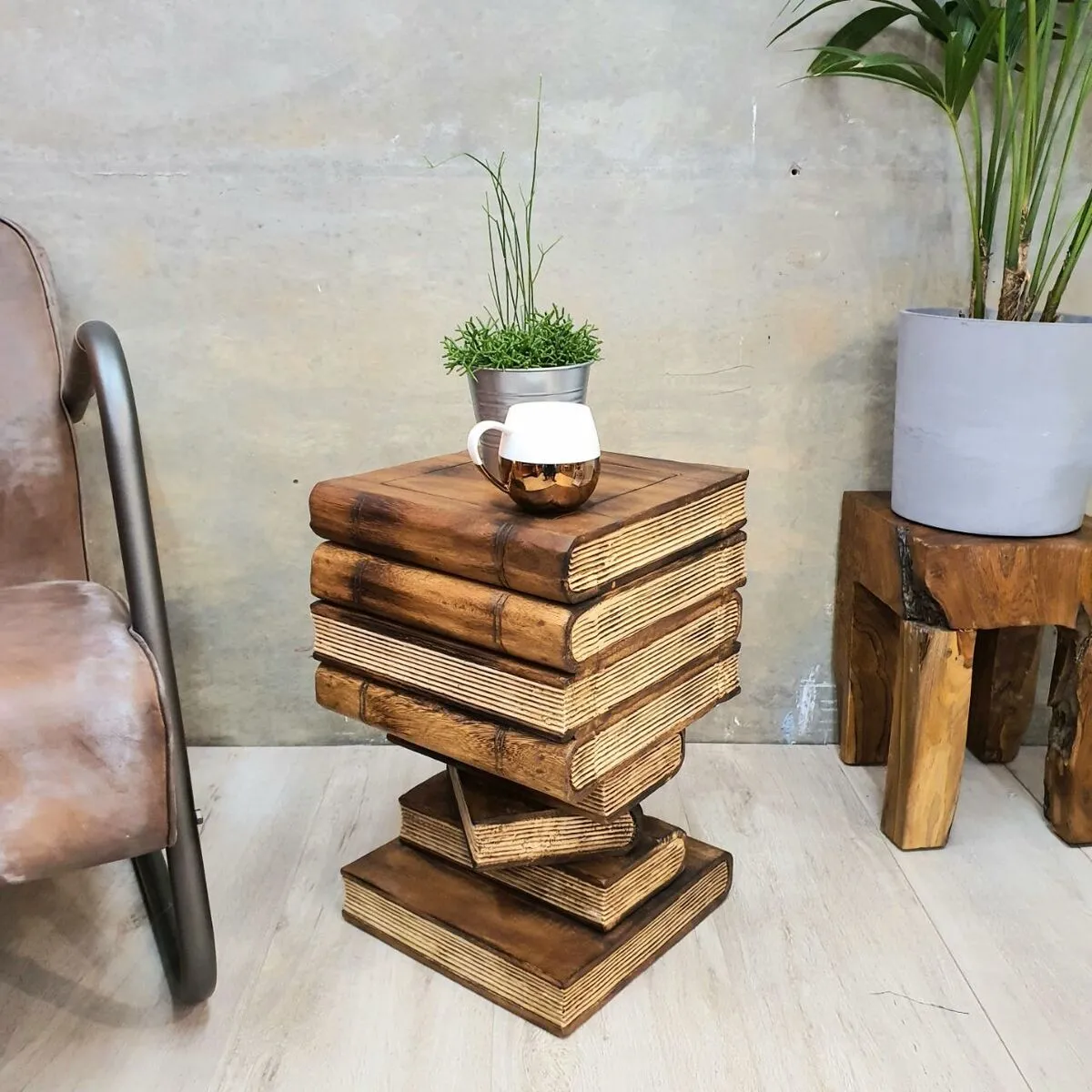Side Table, Book Stack Theme corner Stool, Plant Stand Raintree Wood with storage compartment