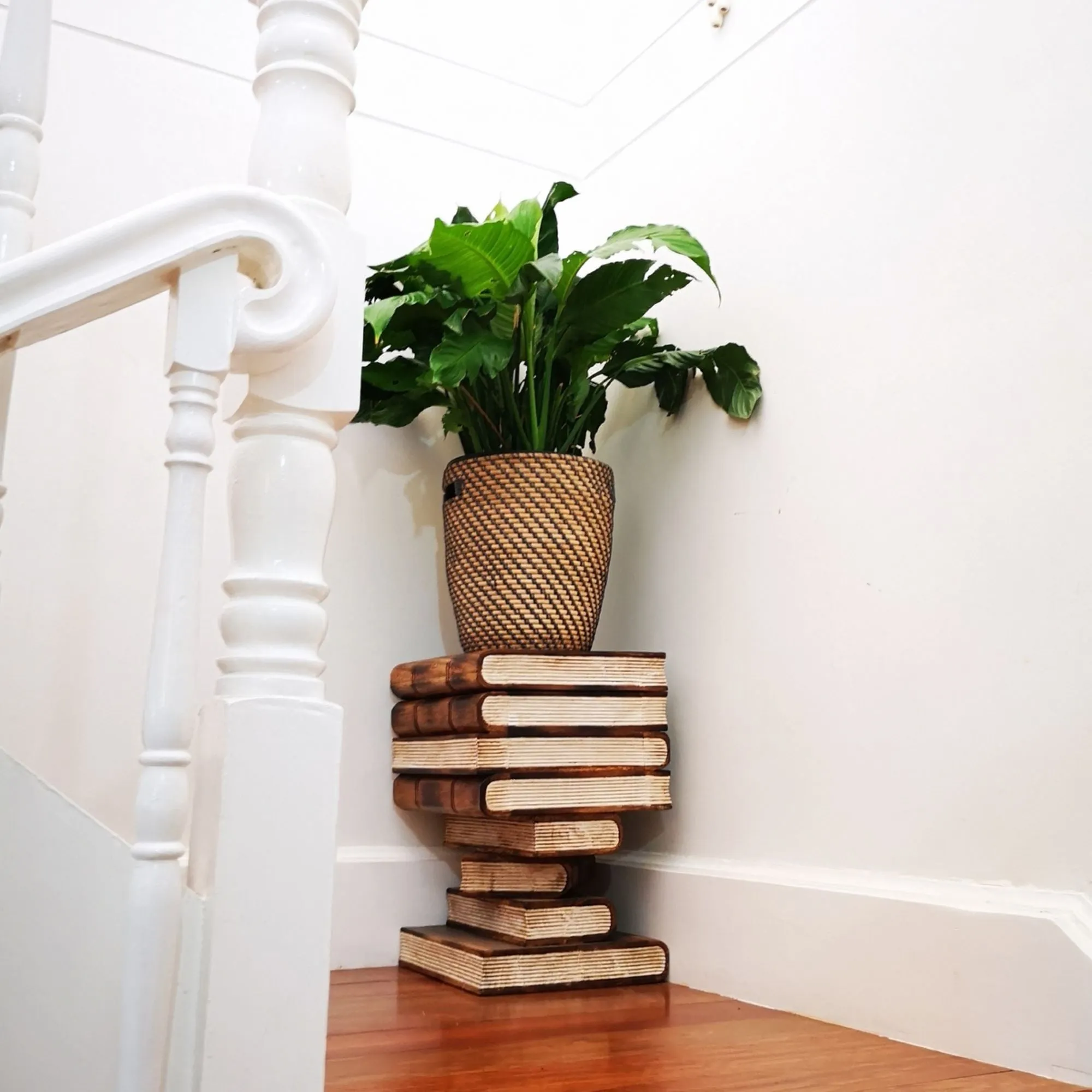 Side Table, Book Stack Theme corner Stool, Plant Stand Raintree Wood with storage compartment