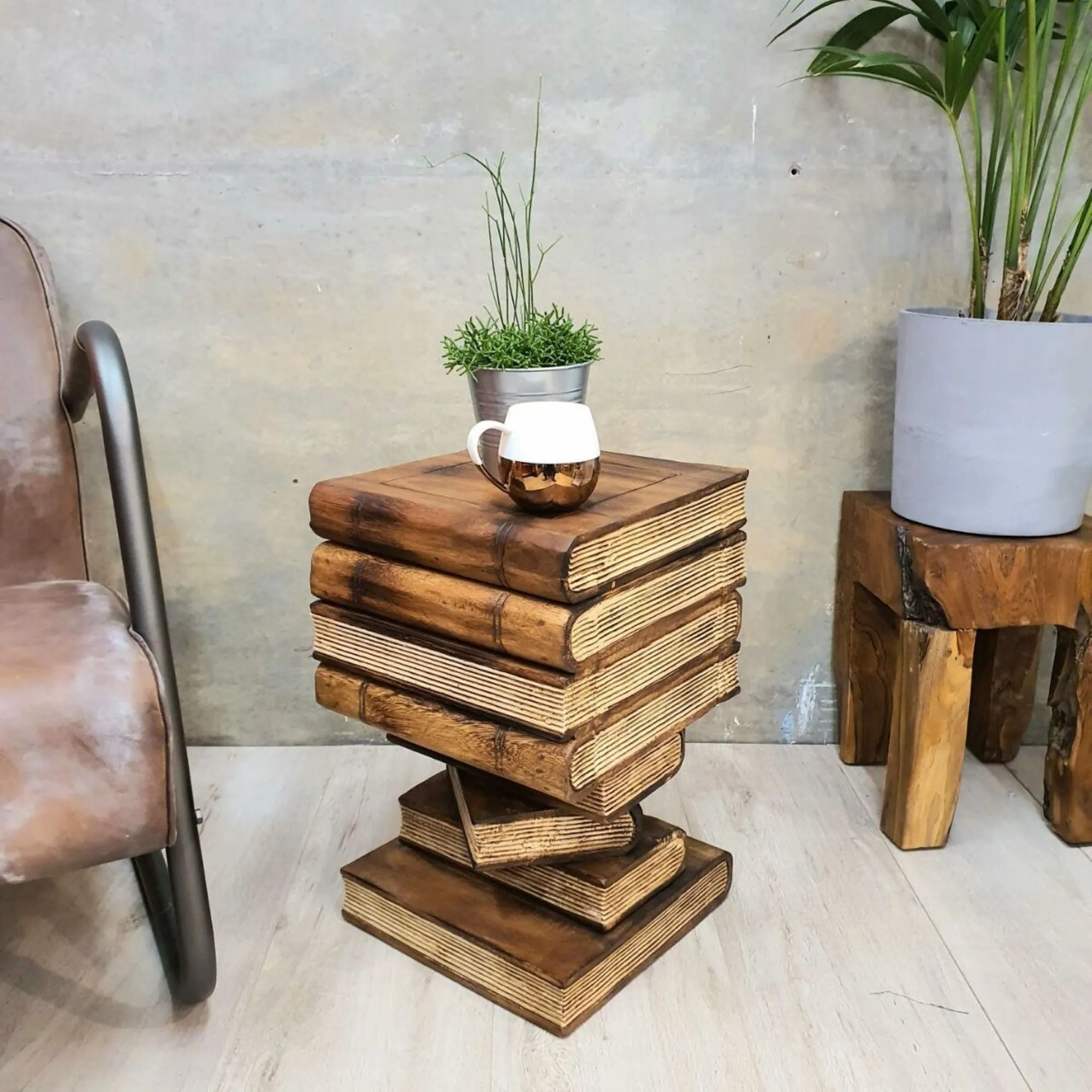 Side Table, Book Stack Theme corner Stool, Plant Stand Raintree Wood with storage compartment