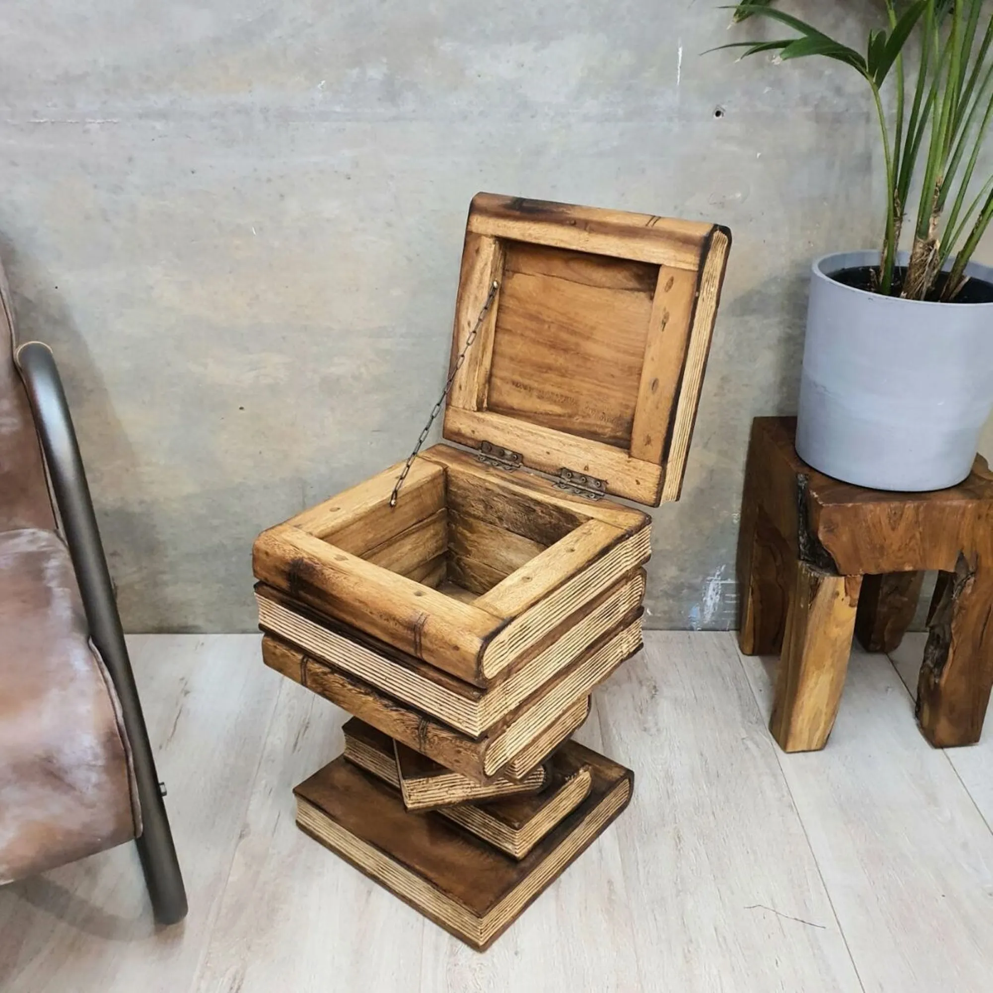 Side Table, Book Stack Theme corner Stool, Plant Stand Raintree Wood with storage compartment