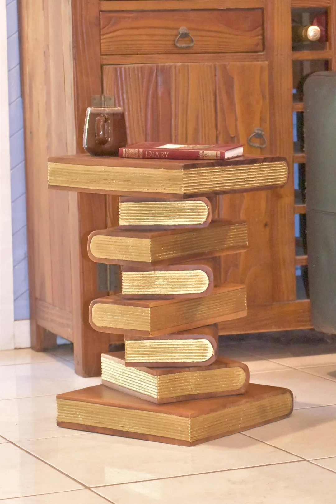 Side Table, corner Stool, Plant Stand Raintree Wood Natural Finish-Book Stack stool Gold pages