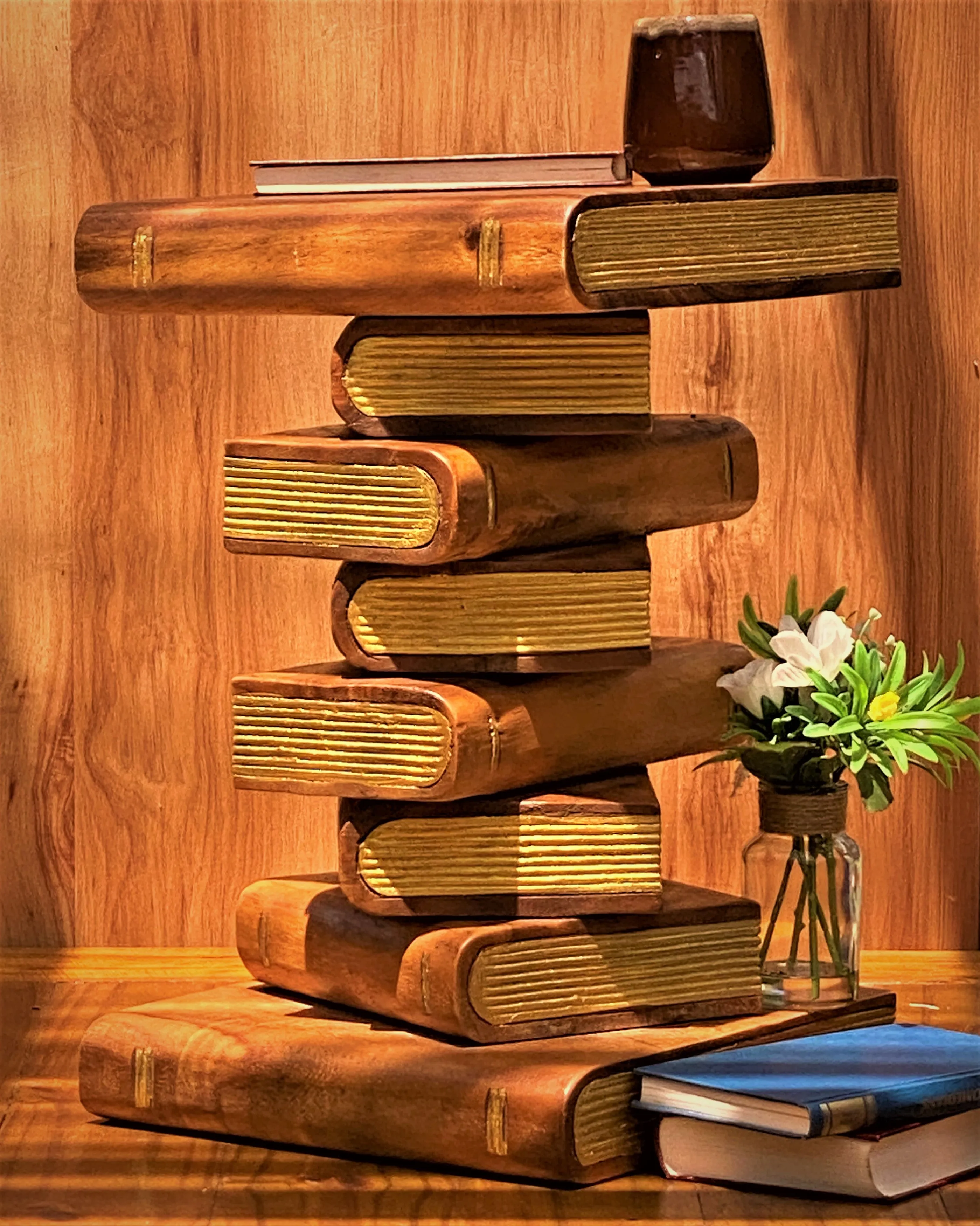 Side Table, corner Stool, Plant Stand Raintree Wood Natural Finish-Book Stack stool Gold pages