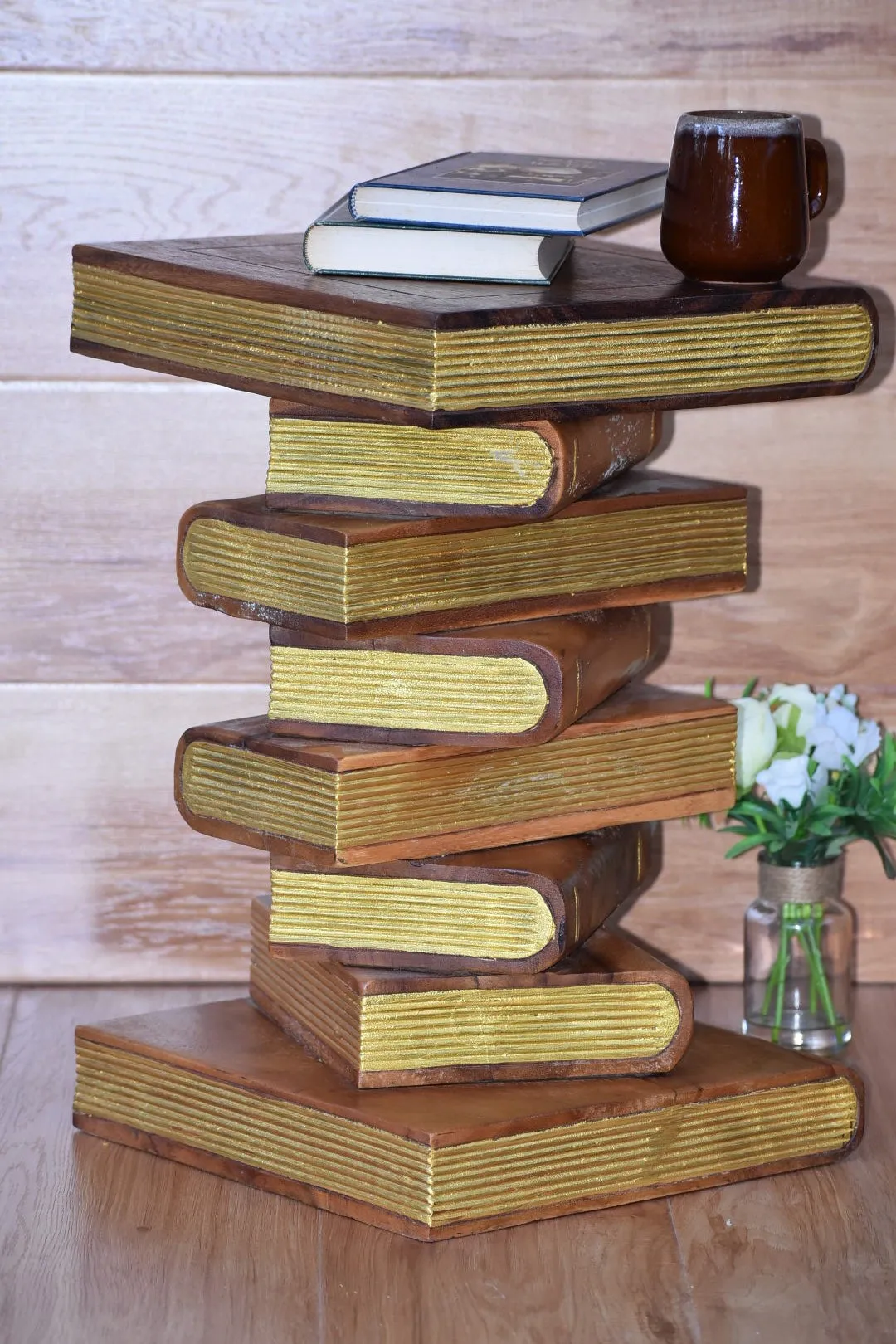 Side Table, corner Stool, Plant Stand Raintree Wood Natural Finish-Book Stack stool Gold pages