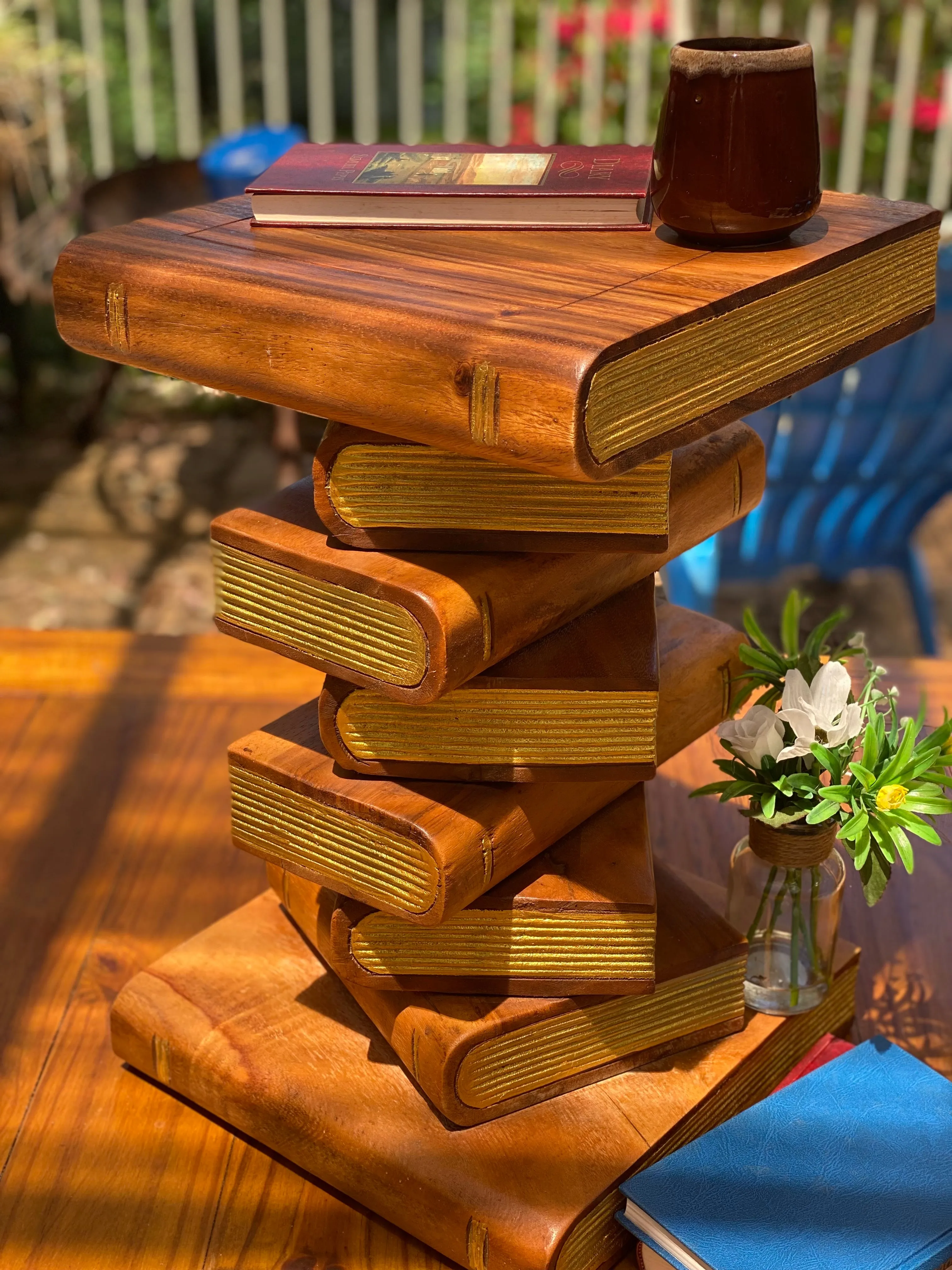 Side Table, corner Stool, Plant Stand Raintree Wood Natural Finish-Book Stack stool Gold pages