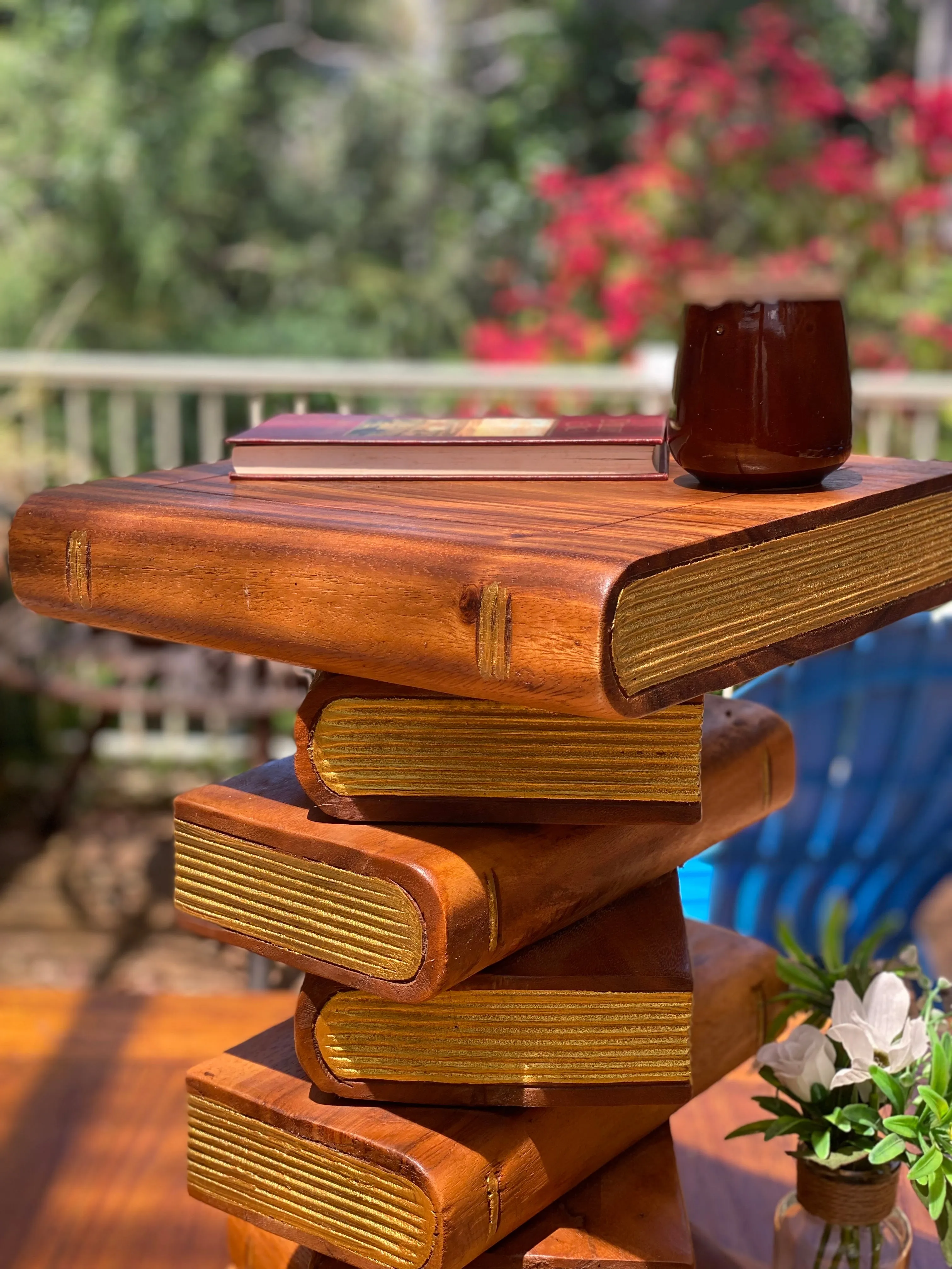Side Table, corner Stool, Plant Stand Raintree Wood Natural Finish-Book Stack stool Gold pages