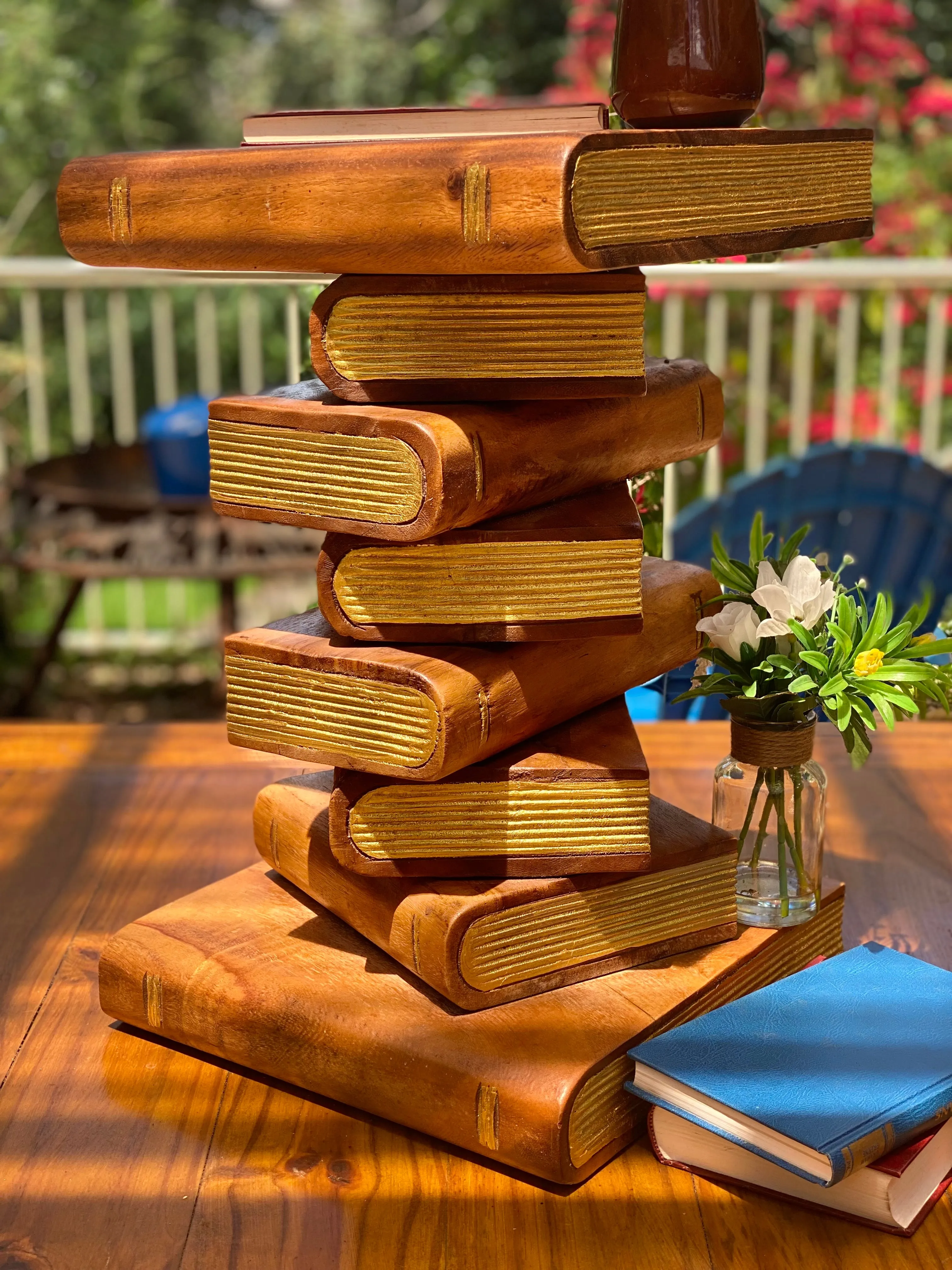 Side Table, corner Stool, Plant Stand Raintree Wood Natural Finish-Book Stack stool Gold pages