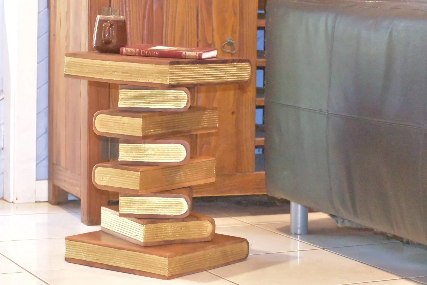 Side Table, corner Stool, Plant Stand Raintree Wood Natural Finish-Book Stack stool Gold pages