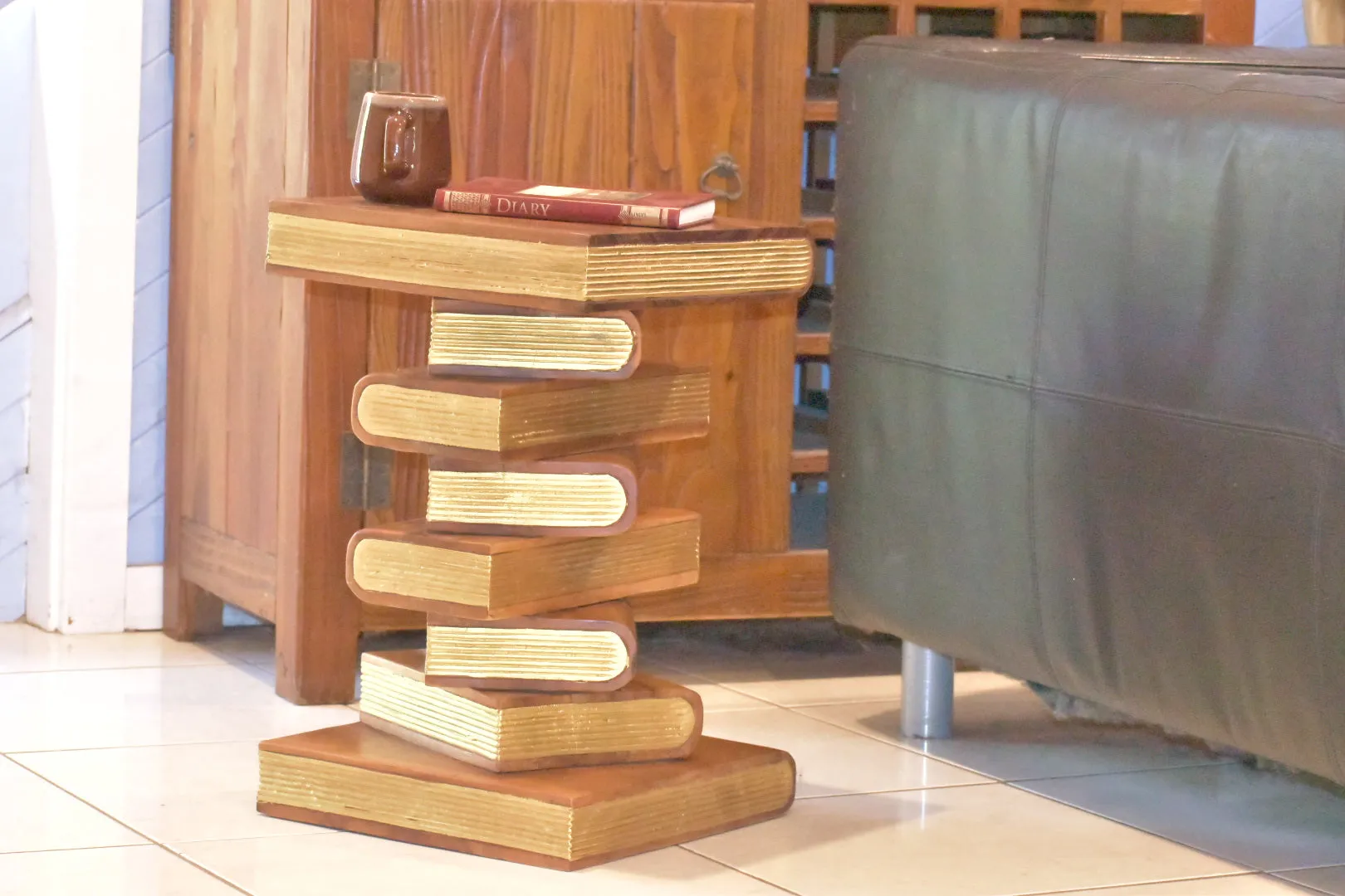 Side Table, corner Stool, Plant Stand Raintree Wood Natural Finish-Book Stack stool Gold pages