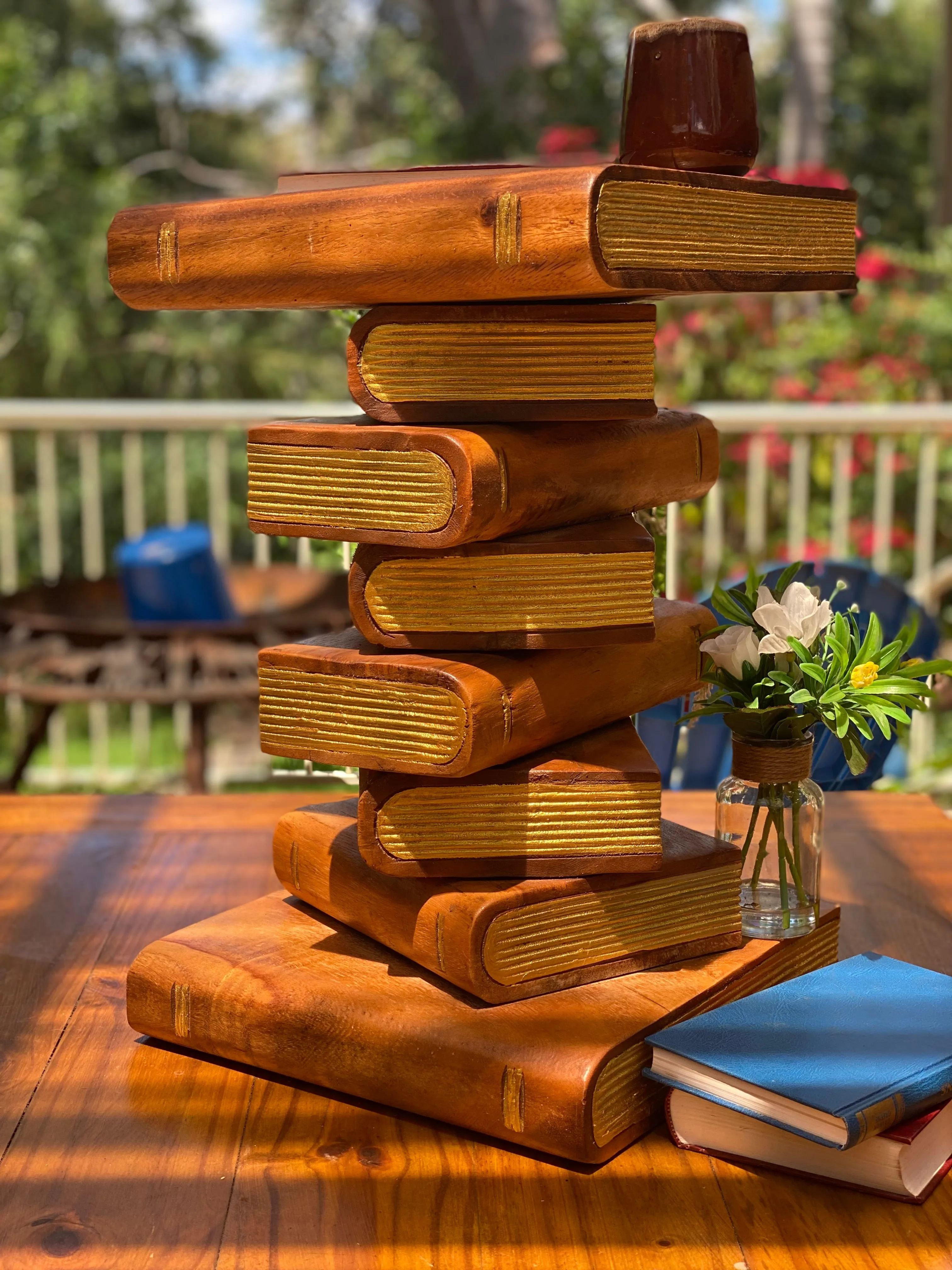 Side Table, corner Stool, Plant Stand Raintree Wood Natural Finish-Book Stack stool Gold pages