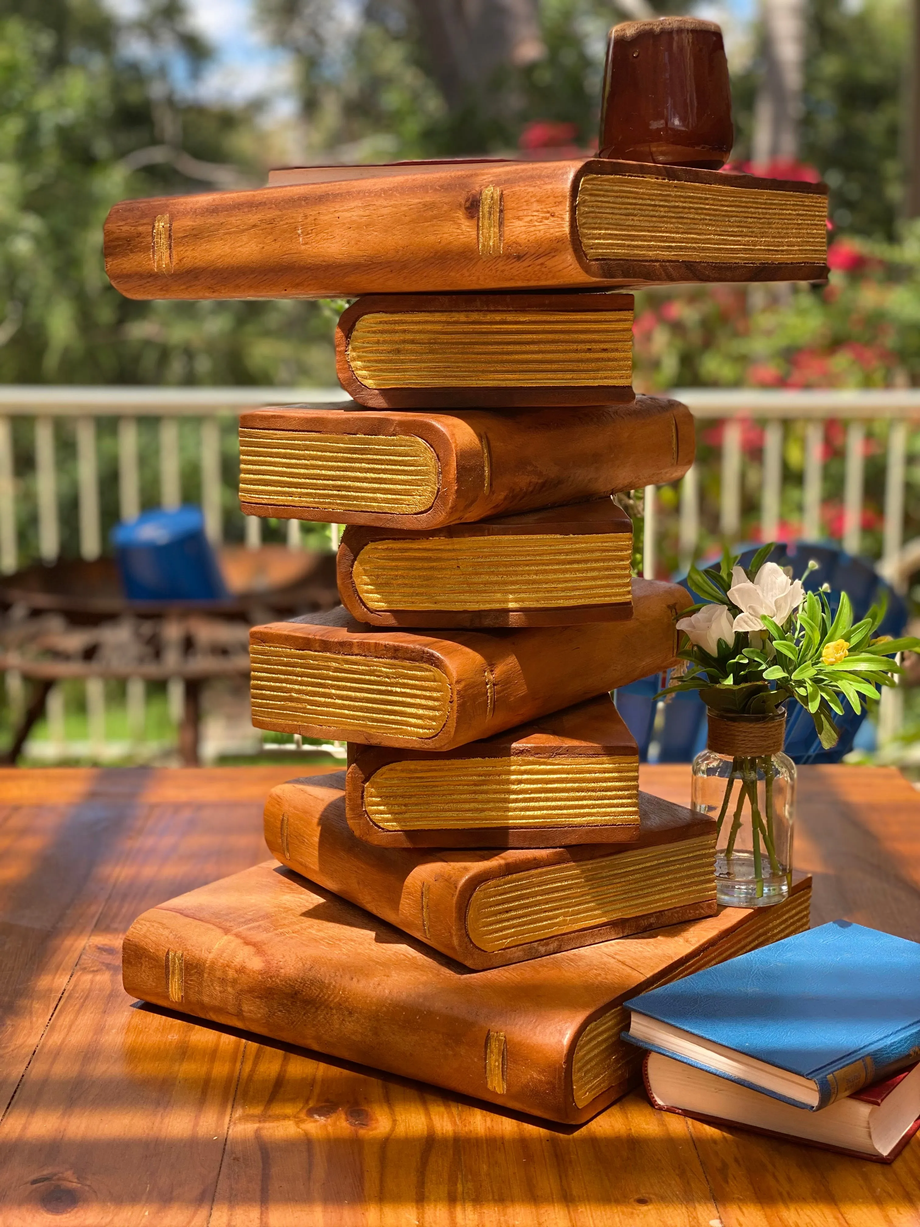 Side Table, corner Stool, Plant Stand Raintree Wood Natural Finish-Book Stack stool Gold pages