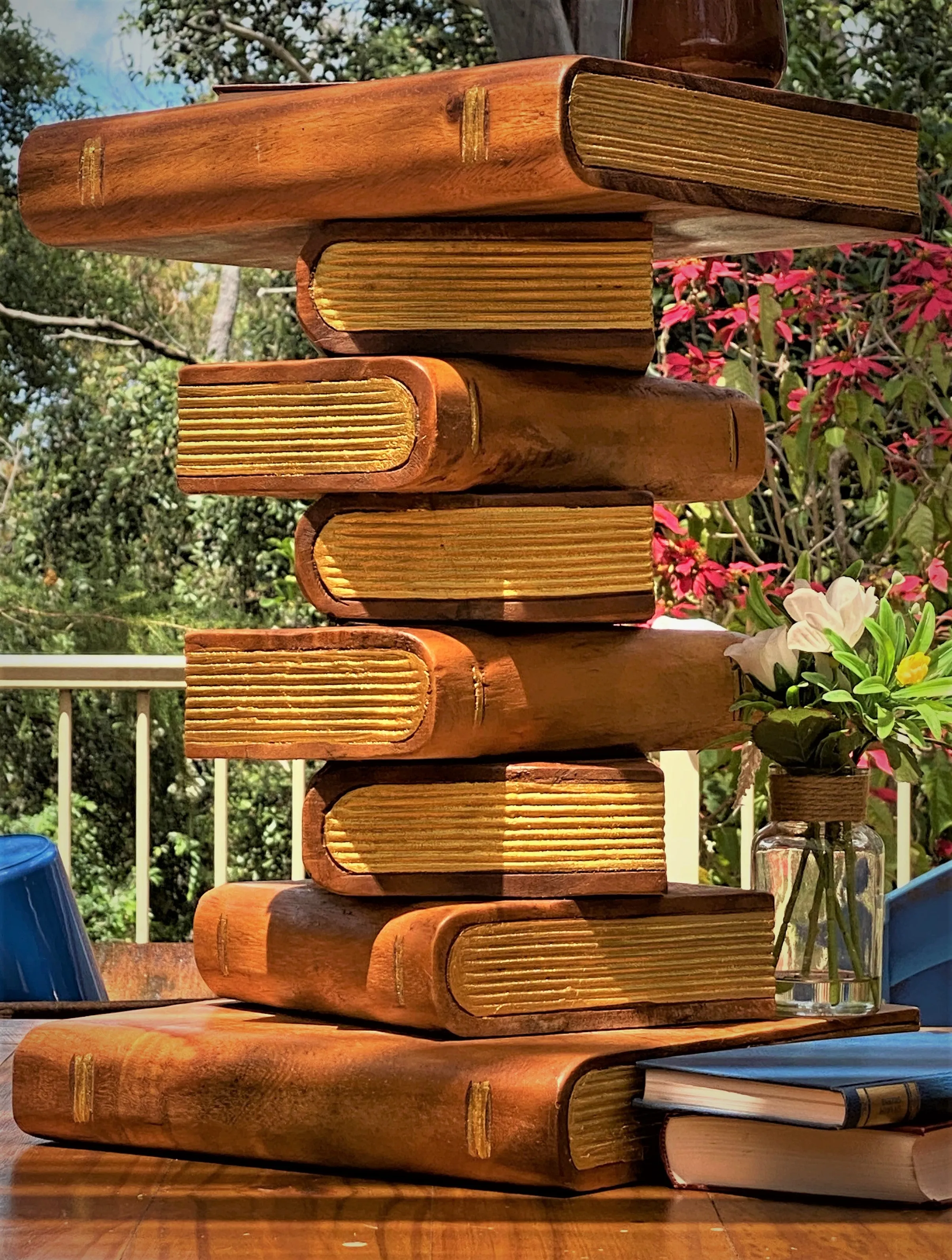 Side Table, corner Stool, Plant Stand Raintree Wood Natural Finish-Book Stack stool Gold pages