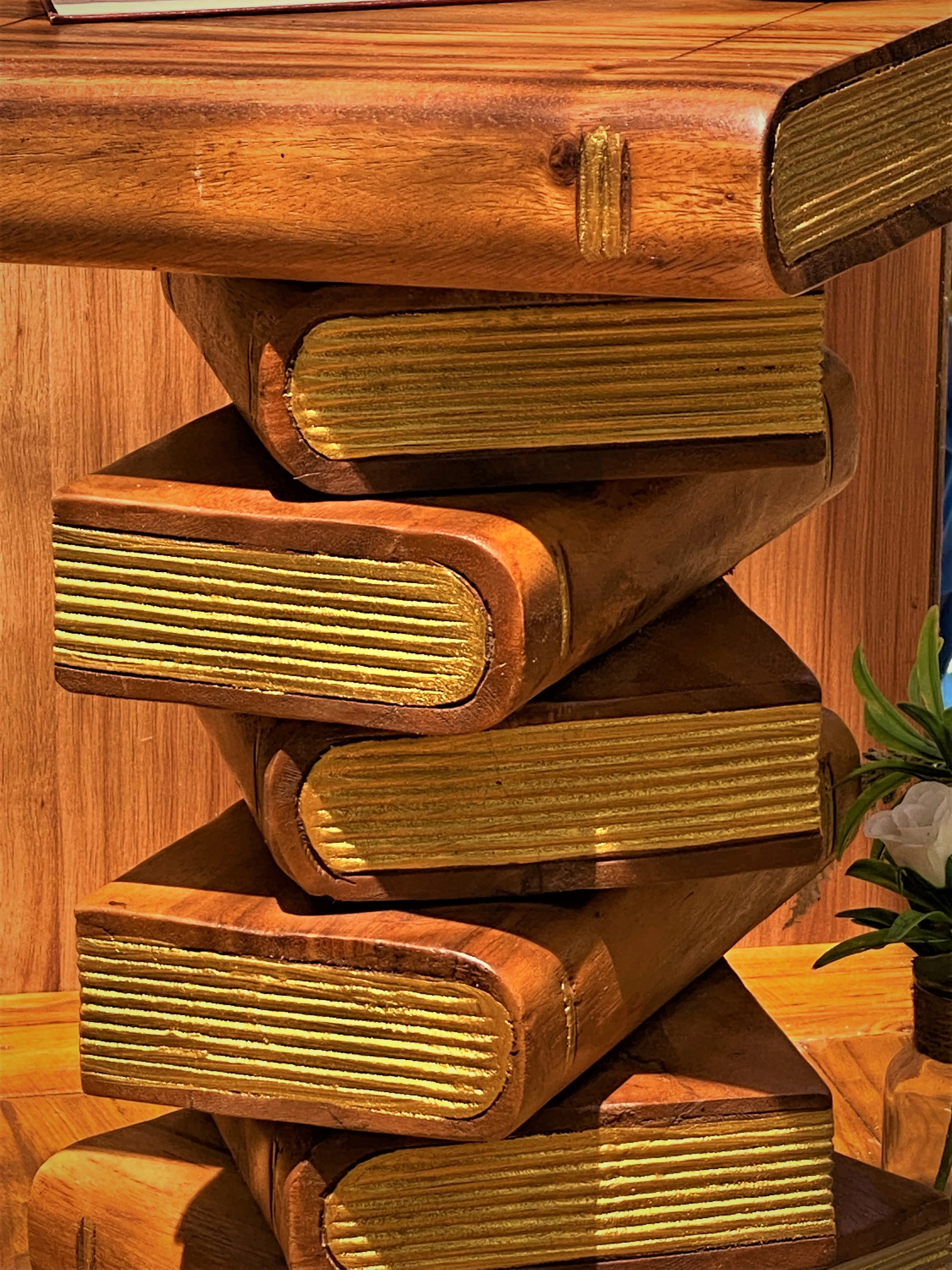 Side Table, corner Stool, Plant Stand Raintree Wood Natural Finish-Book Stack stool Gold pages