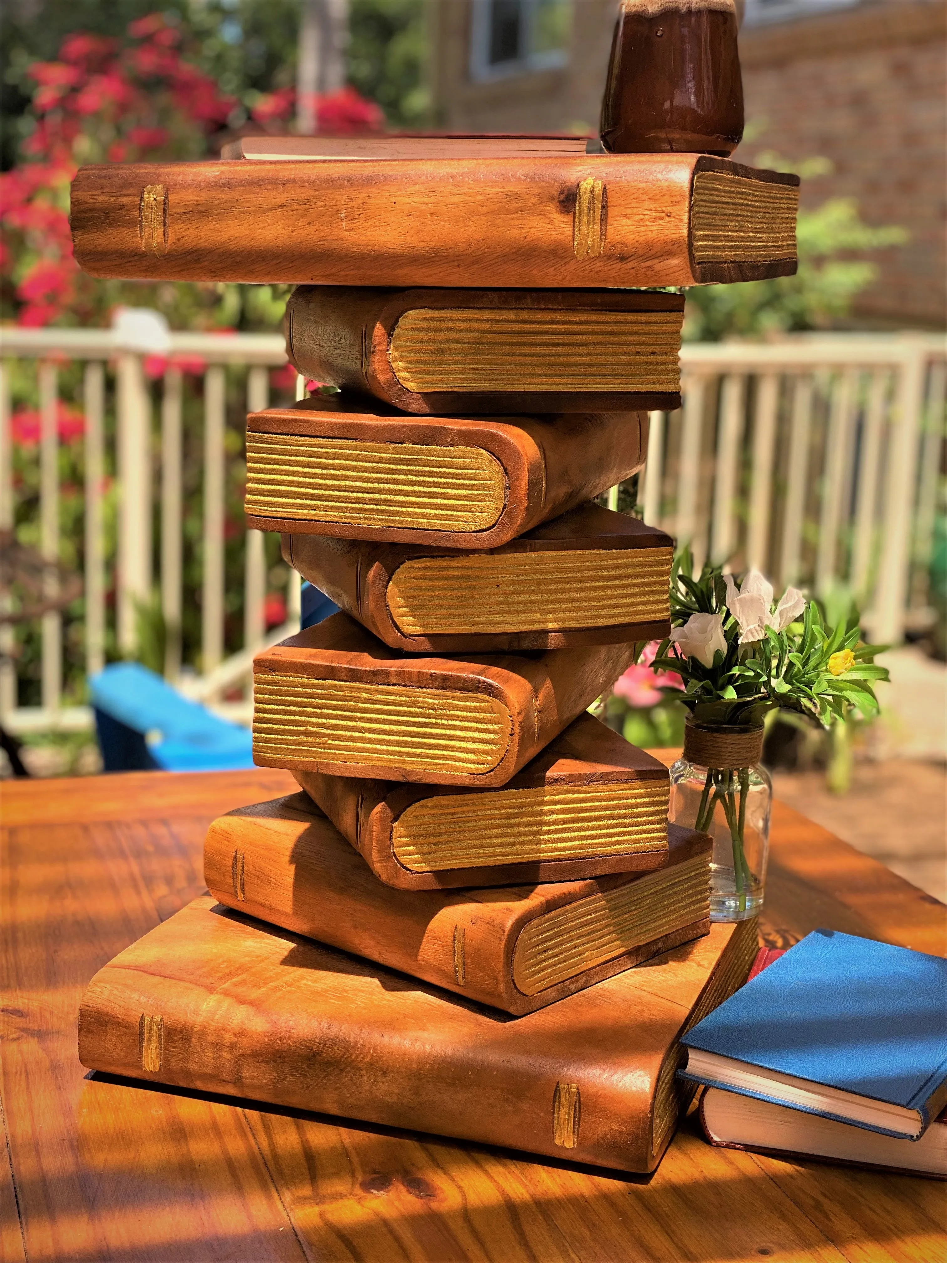 Side Table, corner Stool, Plant Stand Raintree Wood Natural Finish-Book Stack stool Gold pages