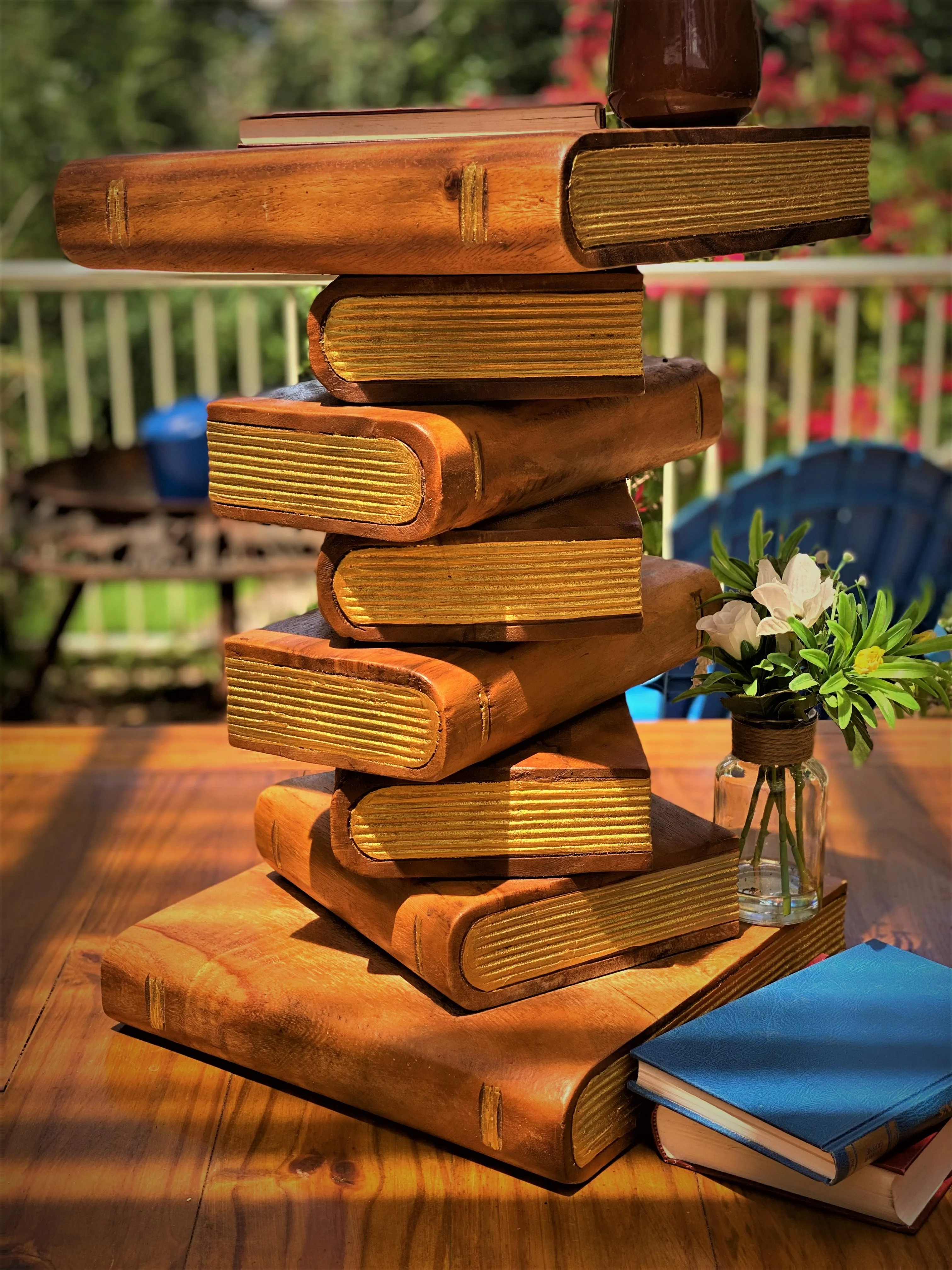 Side Table, corner Stool, Plant Stand Raintree Wood Natural Finish-Book Stack stool Gold pages