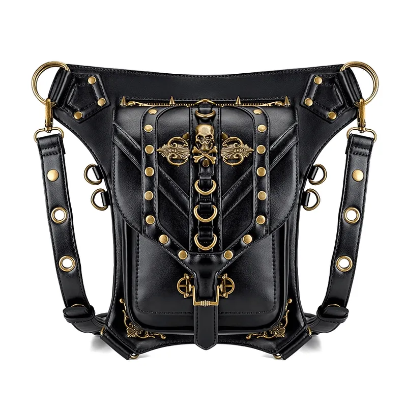 Steampunk Skull Rivets Waist Leg Bag / Gothic Rock Spiked Messenger Bag