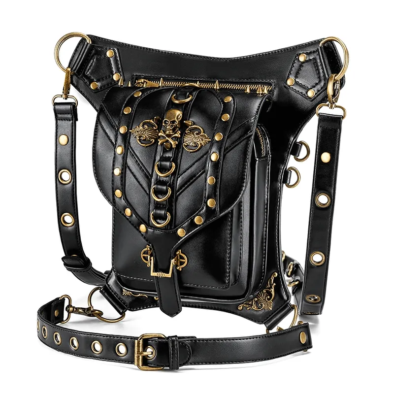 Steampunk Skull Rivets Waist Leg Bag / Gothic Rock Spiked Messenger Bag