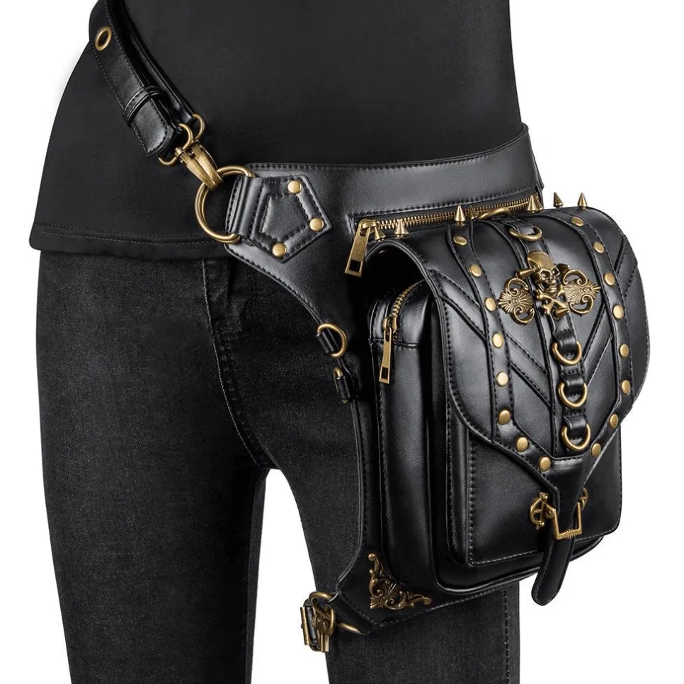 Steampunk Skull Rivets Waist Leg Bag / Gothic Rock Spiked Messenger Bag