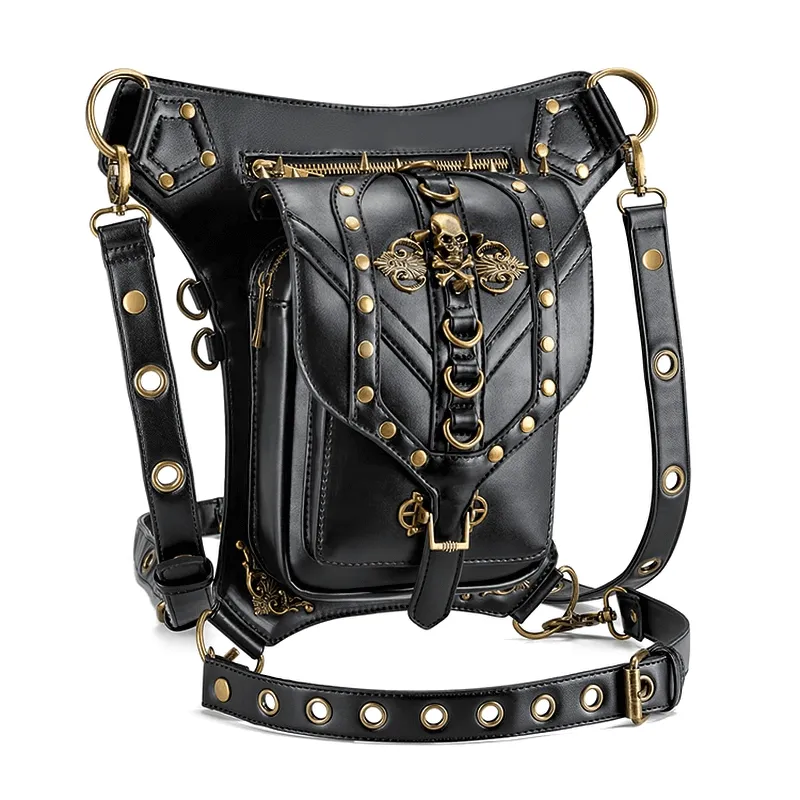 Steampunk Skull Rivets Waist Leg Bag / Gothic Rock Spiked Messenger Bag