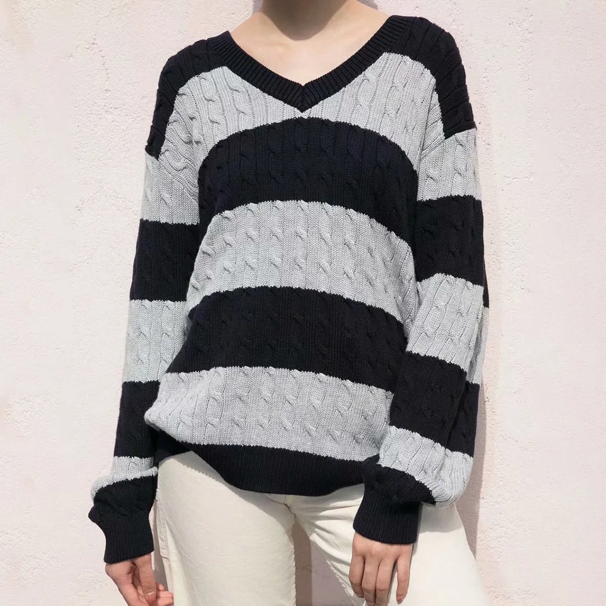 Striped Cabel Stylish Knit Sweater