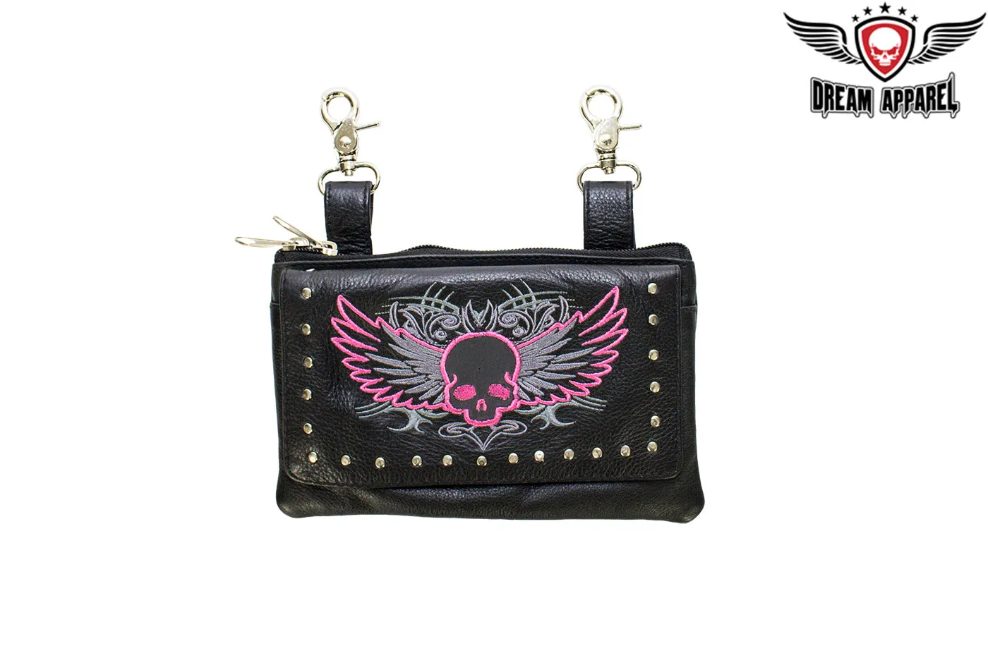 Studded Naked Cowhide Leather Hot Pink Skull Belt Bag