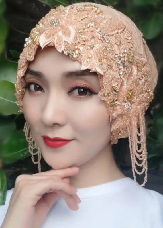 Stylish Blue Tassel Zircon Patchwork Lace Bonnie Hat