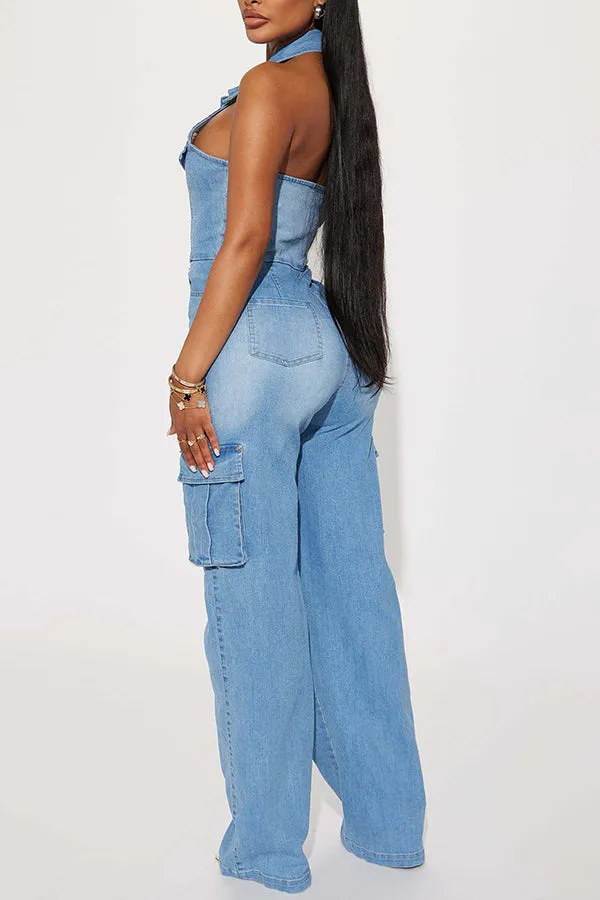 Stylish Denim Flap Pocket Jumpsuit